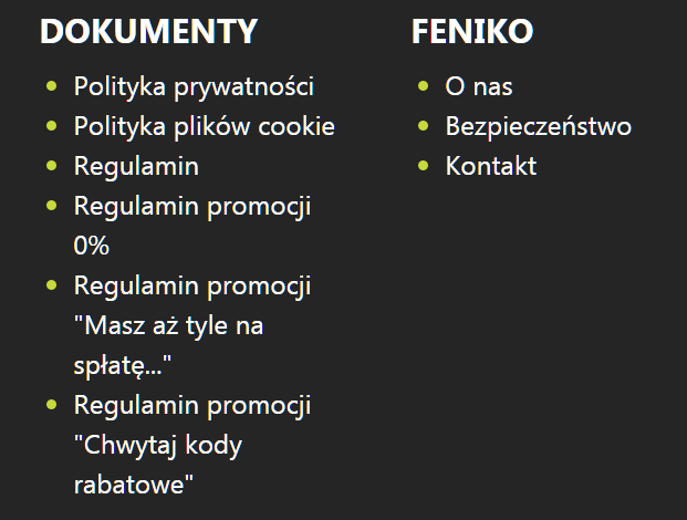 Lokalizacja regulaminu na stronie feniko.pl